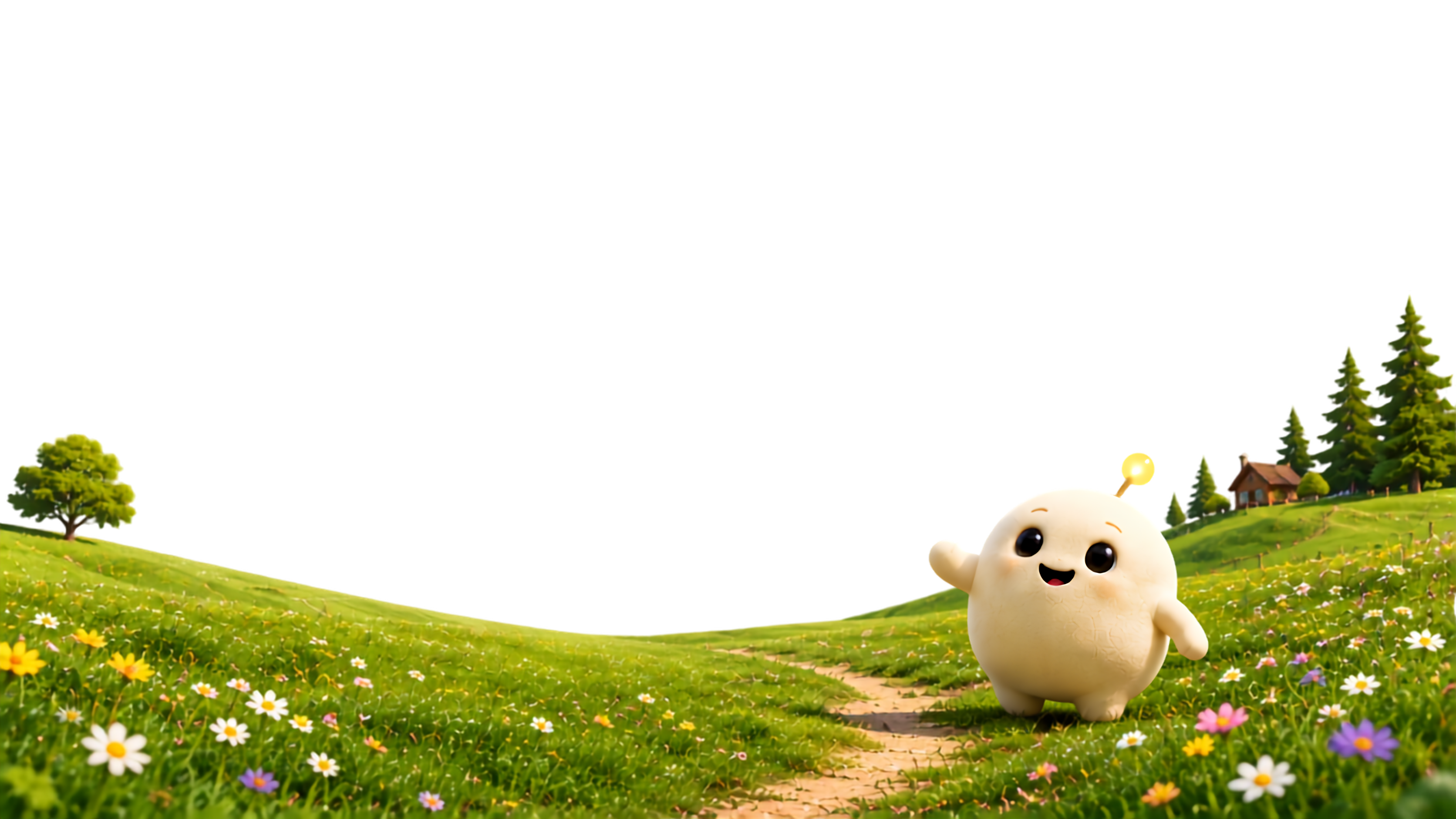 Mitra waving from a path through a meadow of wildflowers.